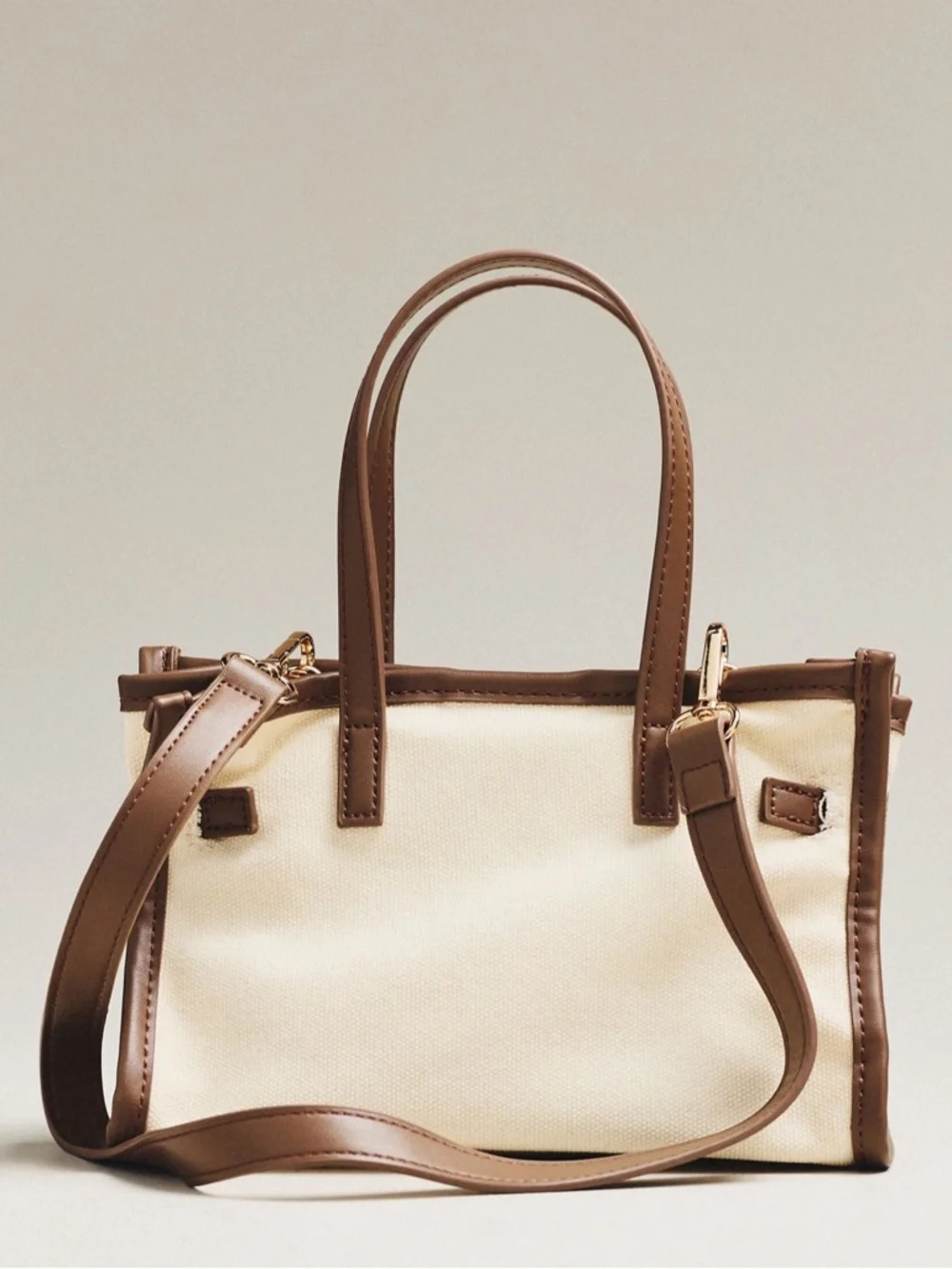 Anthropologie Faux Leather Chocolate Belted Canvas Mini Birkin Style Tote Bag - Picture 2 of 5